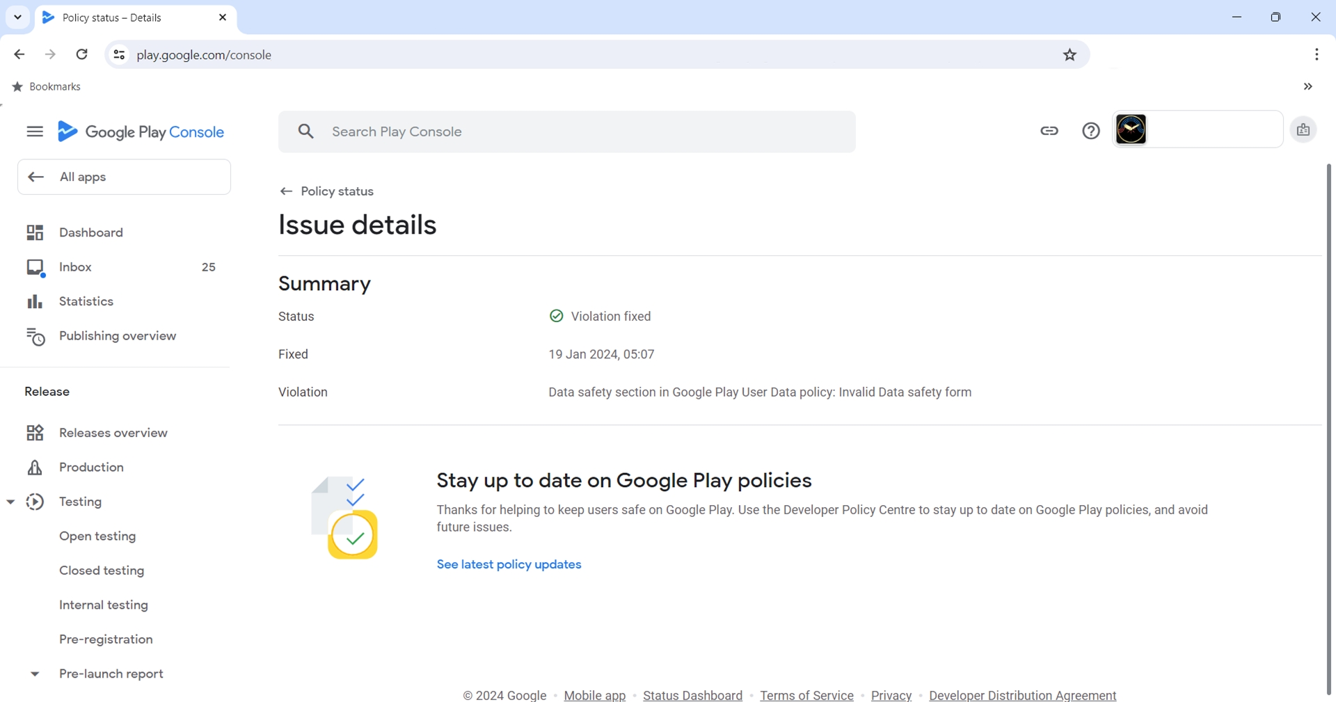 RevenueCat - Google Play Policies - Inbox Issue Details