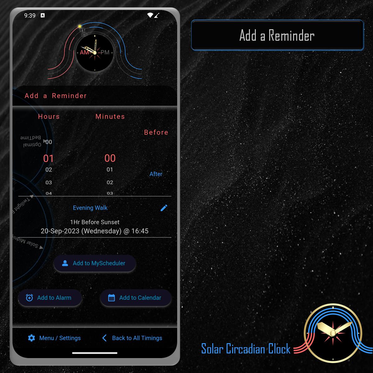 Solar Circadian Clock App - Data Screen - All Timings