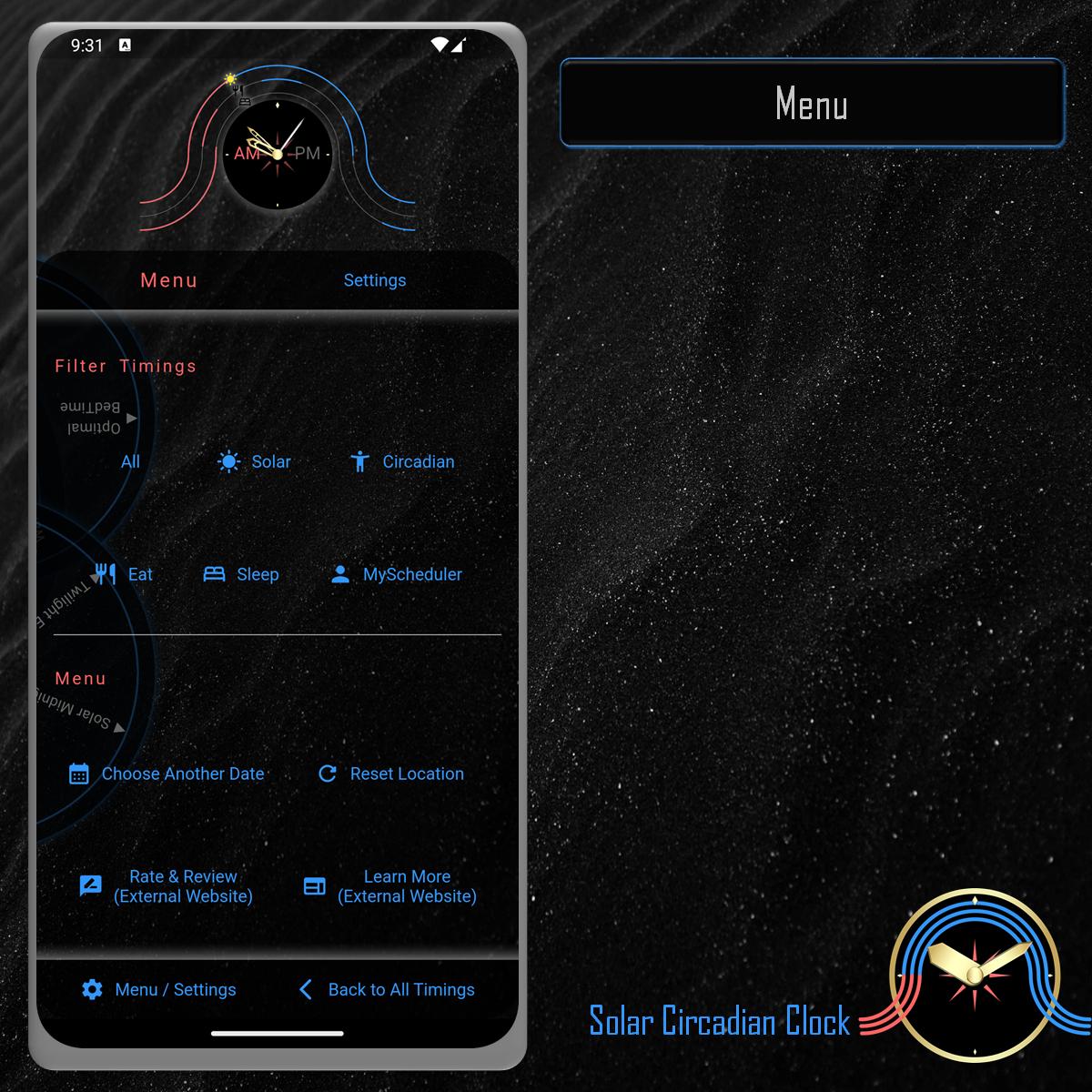 Solar Circadian Clock App - Data Screen - All Timings